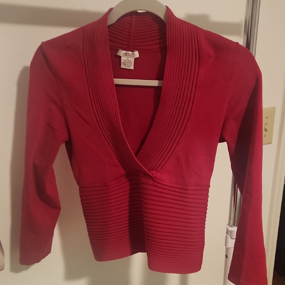 Cache Red Ribbed V-Neck Top